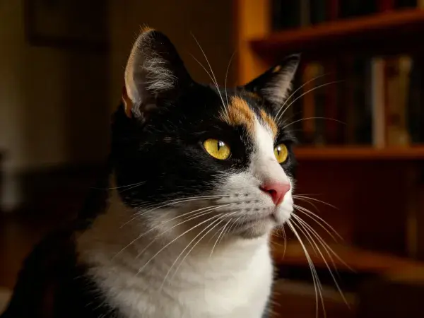 室内书架旁的三色短毛家猫