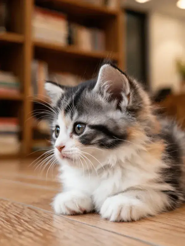 木质地板上的三色短毛家猫