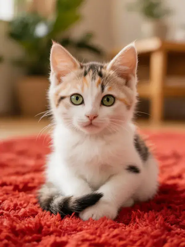 红色地毯上的三色短毛家猫