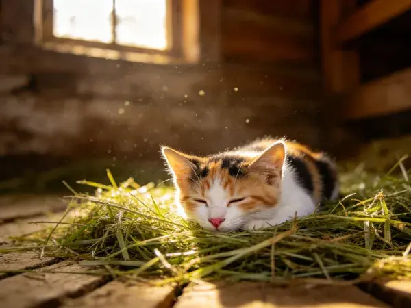 阳光洒入老屋内的三色短毛家猫休憩图