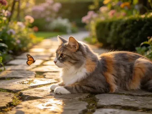 花园石板路上阳光下的三色长毛猫