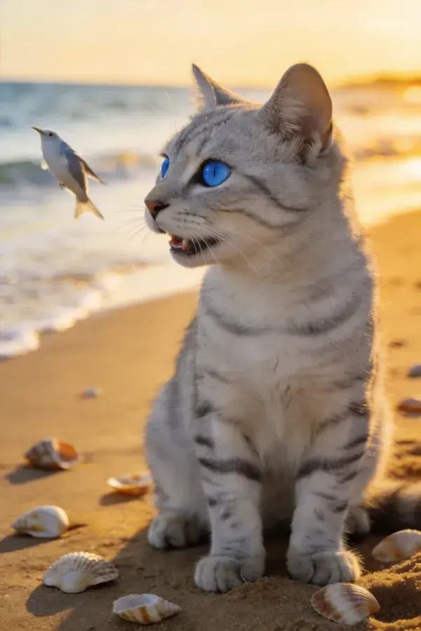 海滩沙地上的银渐层猫