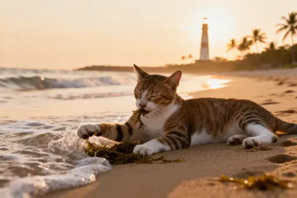 沙滩夕阳下短毛家猫玩海藻
