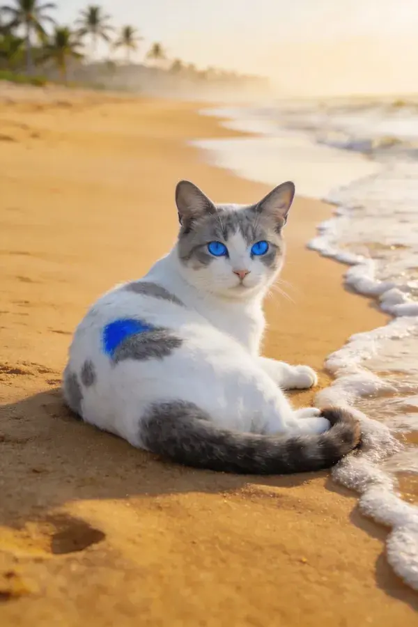 沙滩上静卧的灰白双色短毛家猫