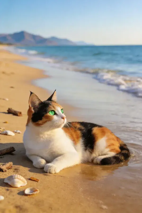 海滩边的三色短毛家猫