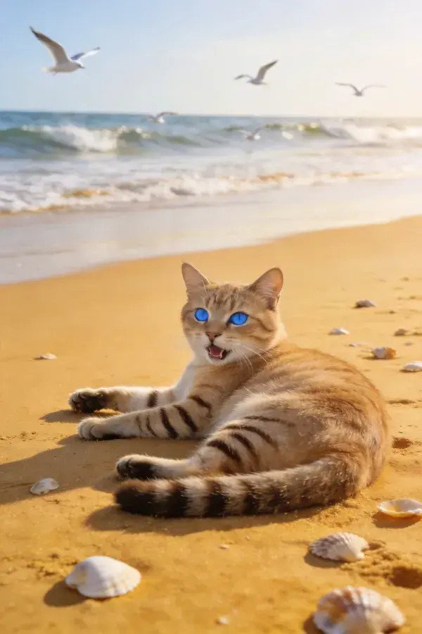 沙滩贝壳旁的金渐层短毛猫