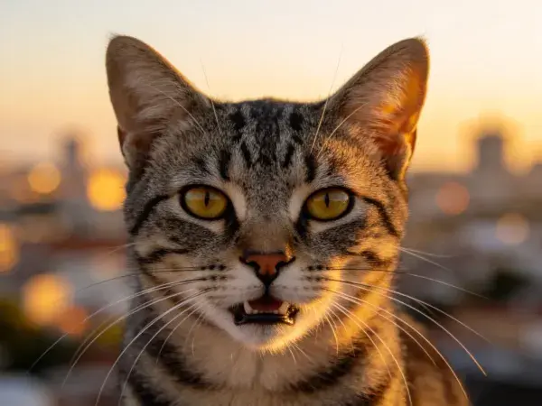 夕阳下露台上的虎斑纹短毛猫