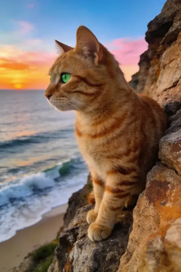 橘色短毛家猫俯瞰海岸悬崖