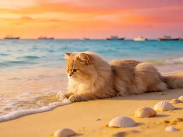 海滩边观察海浪的长毛波斯猫