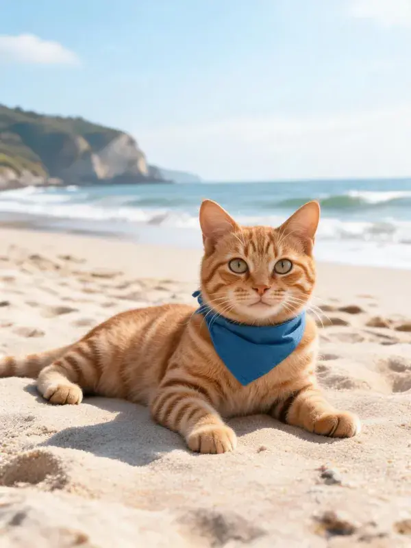 沙滩上橘色虎斑短毛猫的静卧时刻