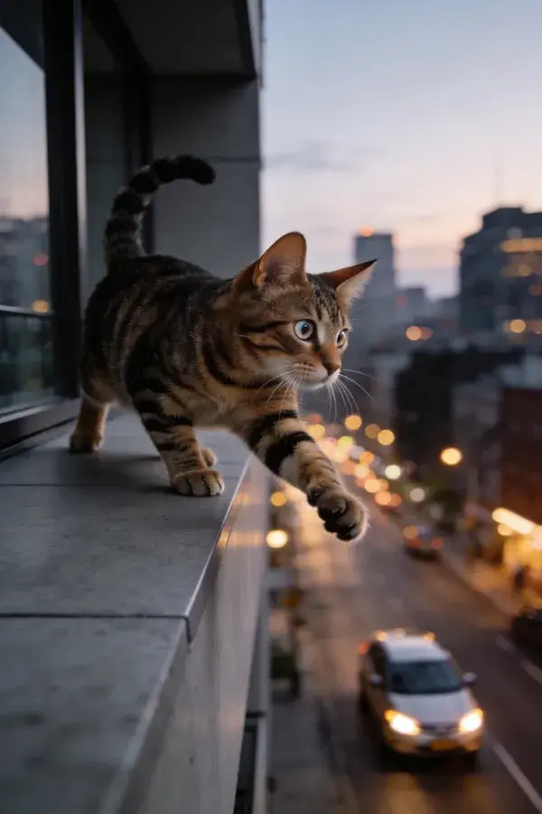 窗台上的短毛虎斑猫眺望街景