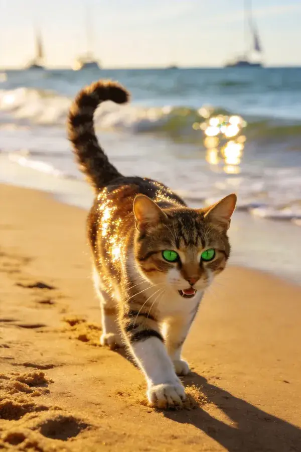 海滩上的三色短毛家猫漫步场景