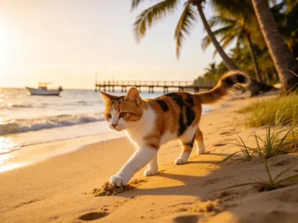 沙滩上行走的三色短毛家猫