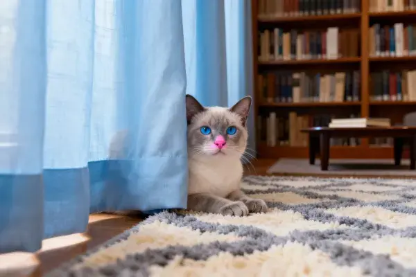 暹罗猫于窗帘旁的特写