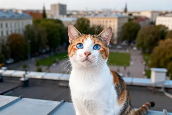 三色短毛家猫凝视城市景观