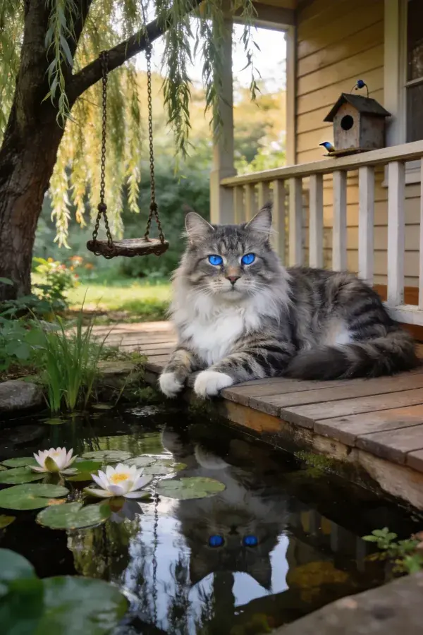 挪威森林猫在木屋前池塘边