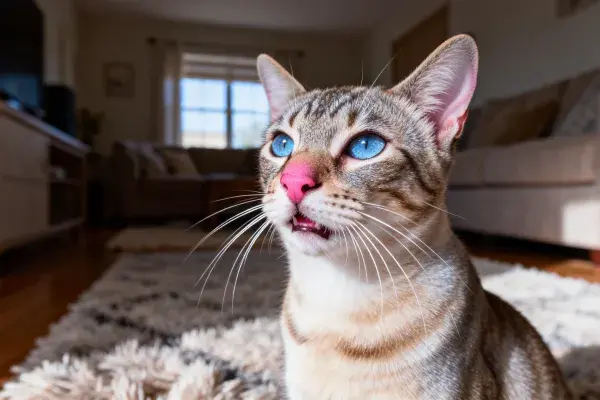 客厅暖光下蓝眼虎斑猫的瞬间
