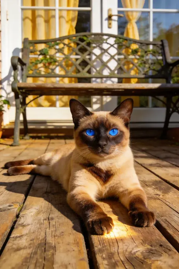 蓝眼暹罗猫静卧木平台