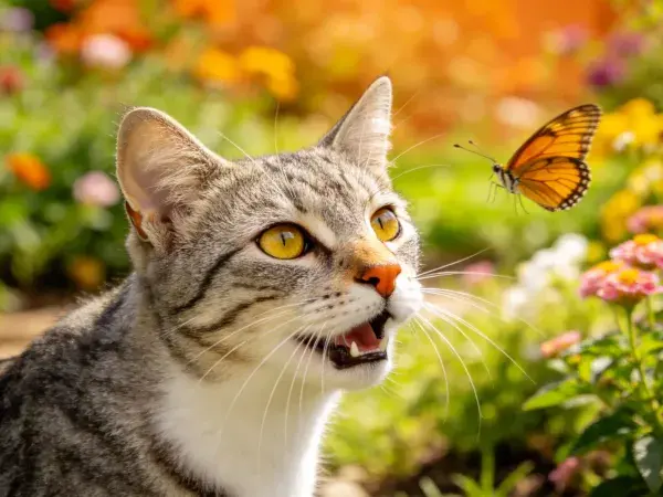 阳光下花园里的灰虎斑短毛猫与蝴蝶互动场景