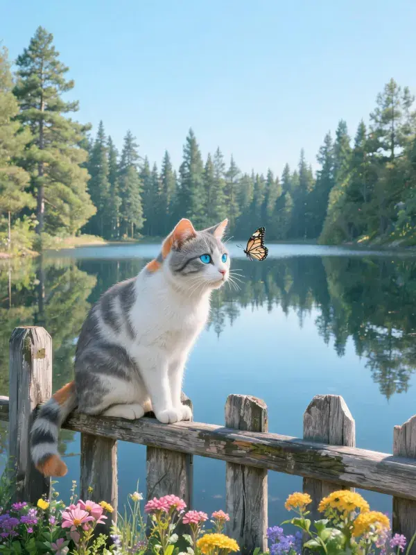湖畔的三色猫咪注视蝴蝶