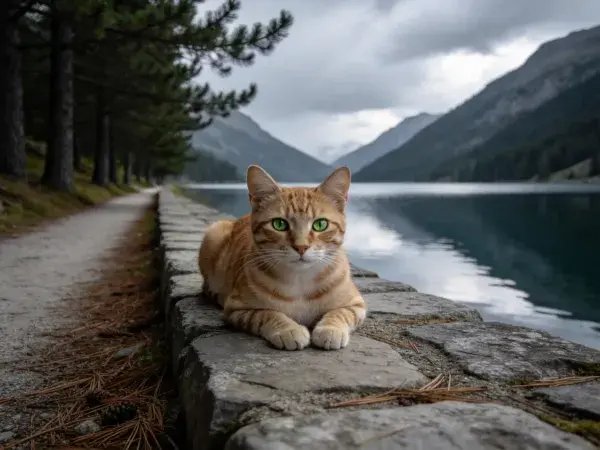 橘色短毛家猫湖畔休憩场景