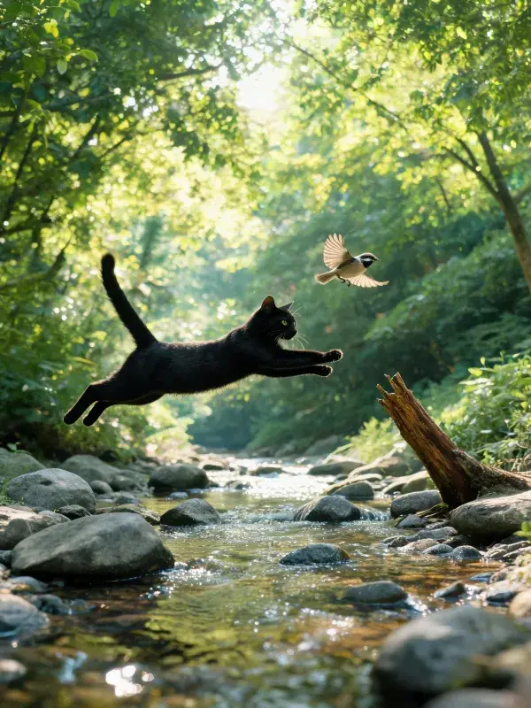 短毛家猫跃向溪中小鸟