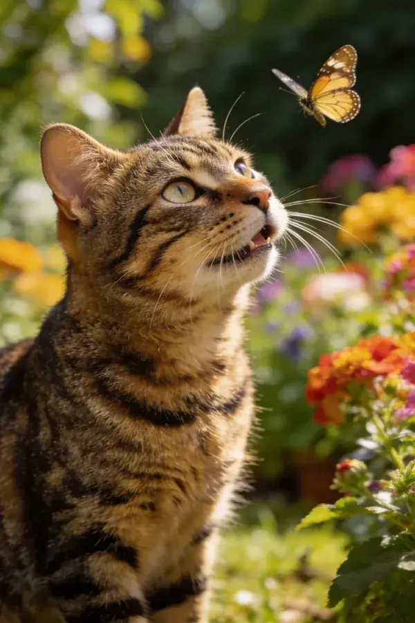 短毛虎斑猫凝视花园彩蝶