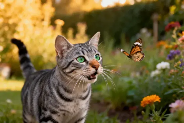 花园中凝视蝴蝶的灰虎斑短毛猫