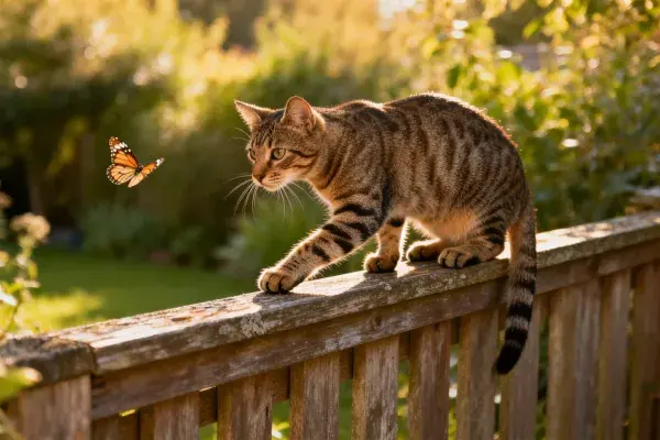 花园木栅栏上的虎斑短毛猫与蝴蝶