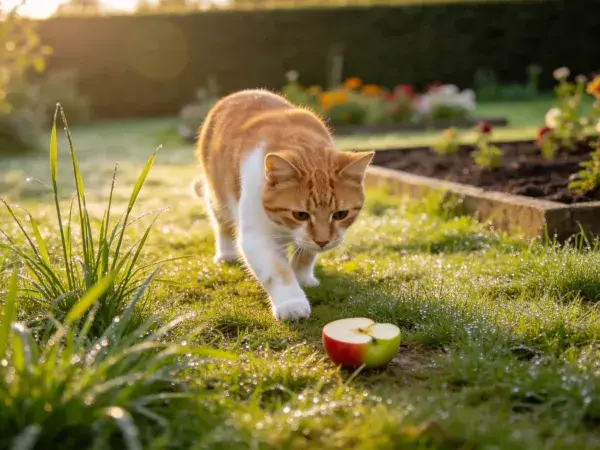 橘白短毛家猫靠近花园里的苹果