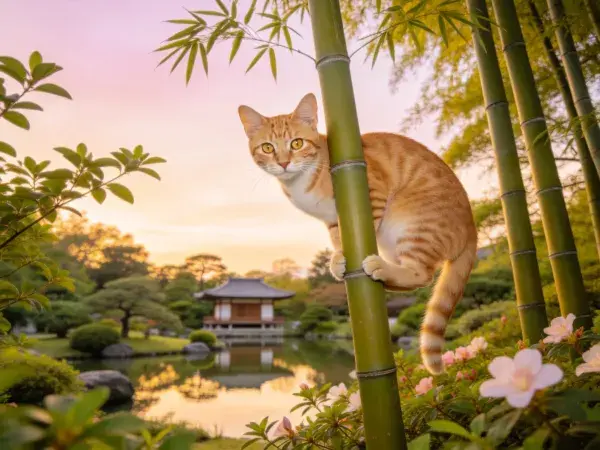 案例捕捉：庭院中攀爬的橘色短毛家猫场景