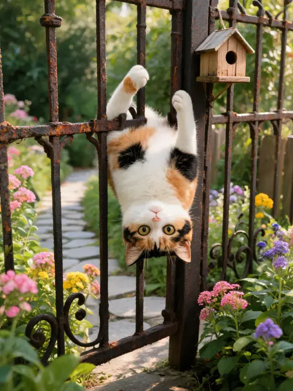 花园围栏间的三色短毛家猫