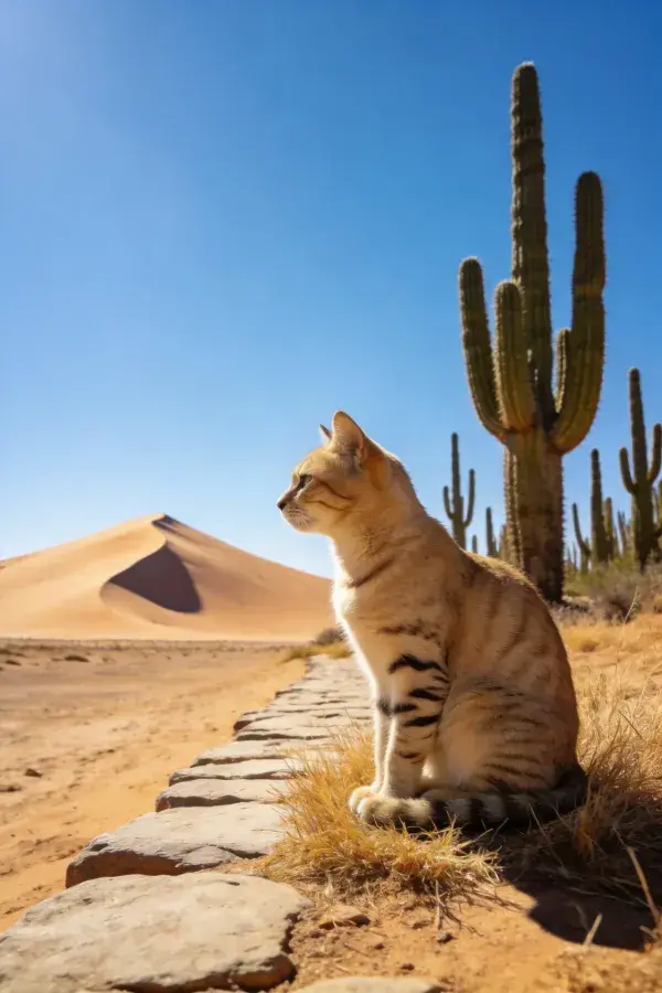 虎斑短毛猫坐于沙漠石径旁眺望