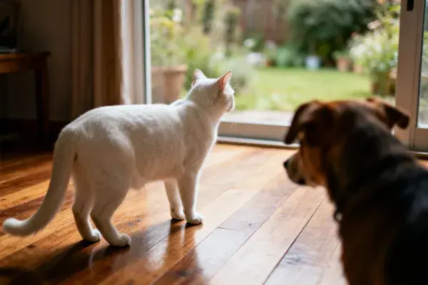 露台玻璃门前的白短毛家猫与棕褐混血犬