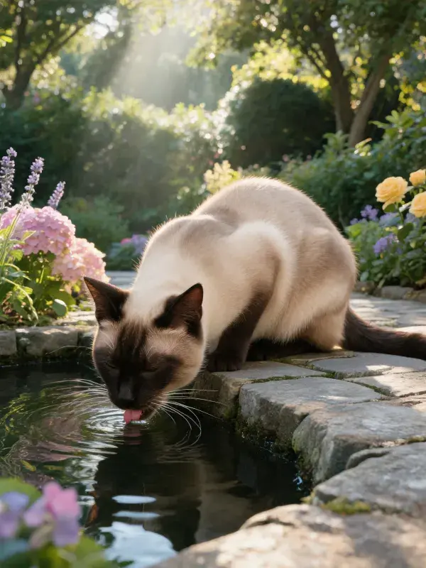 阳光下暹罗猫饮水花园场景