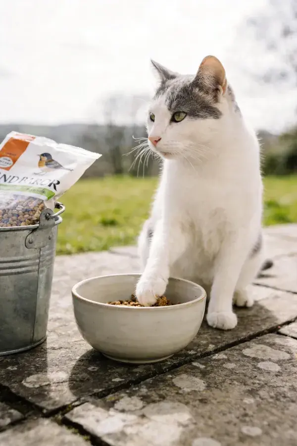 灰白短毛家猫用爪触碰碗食于户外石板地