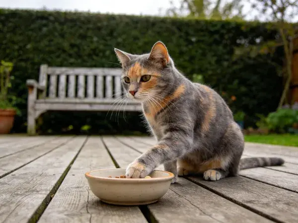 三色短毛家猫取食瞬间