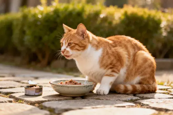 橘白短毛家猫在石板路上的进食场景