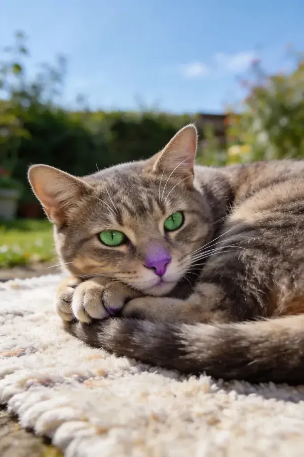 户外花园中躺卧的短毛虎斑猫