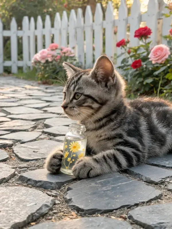虎斑短毛猫在园林石板路上的姿态