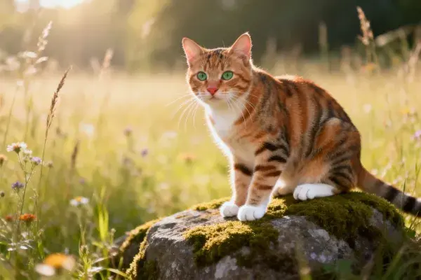 橘色短毛虎斑猫站在苔藓岩石上