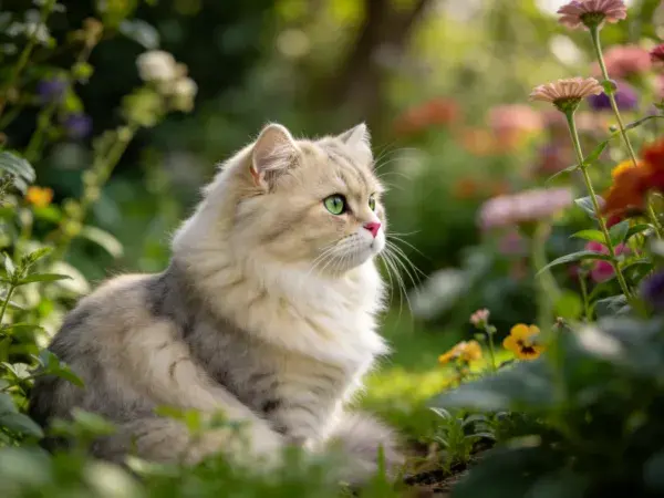 阳光下花园中的英长毛猫