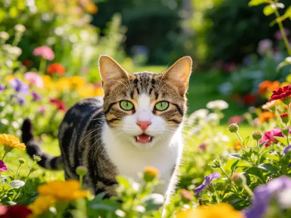 阳光花园中花斑短毛家猫特写