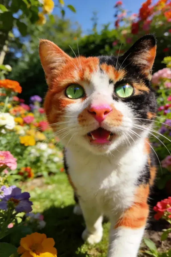 花园中三色短毛家猫近景