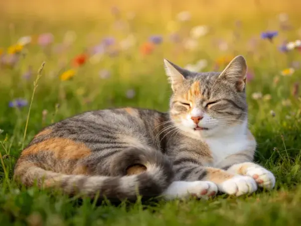 阳光草地上的三色短毛家猫