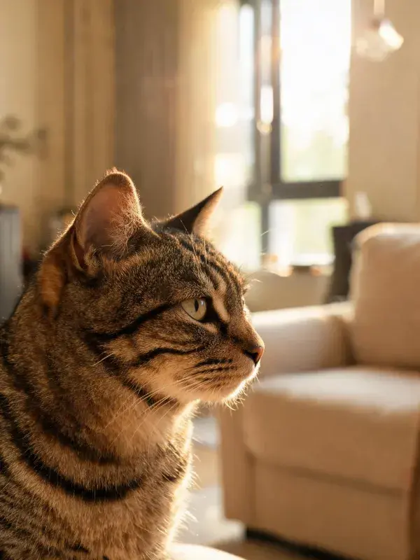 室内暖光下短毛虎斑猫的侧面特写