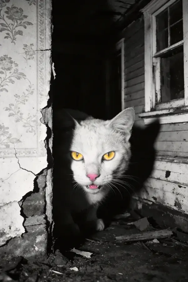 老旧房屋缝隙处的短毛家猫