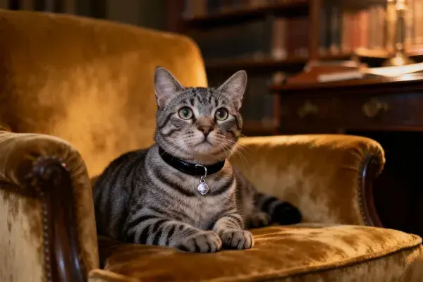 虎斑短毛猫静坐沙发椅上