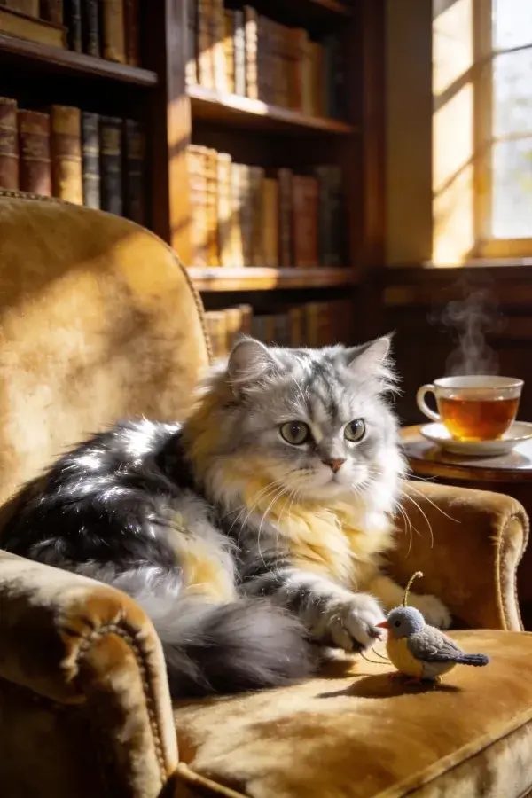 阳光下长毛缅因猫与玩具鸟