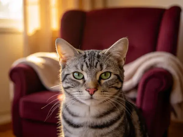 室内沙发前的短毛虎斑猫